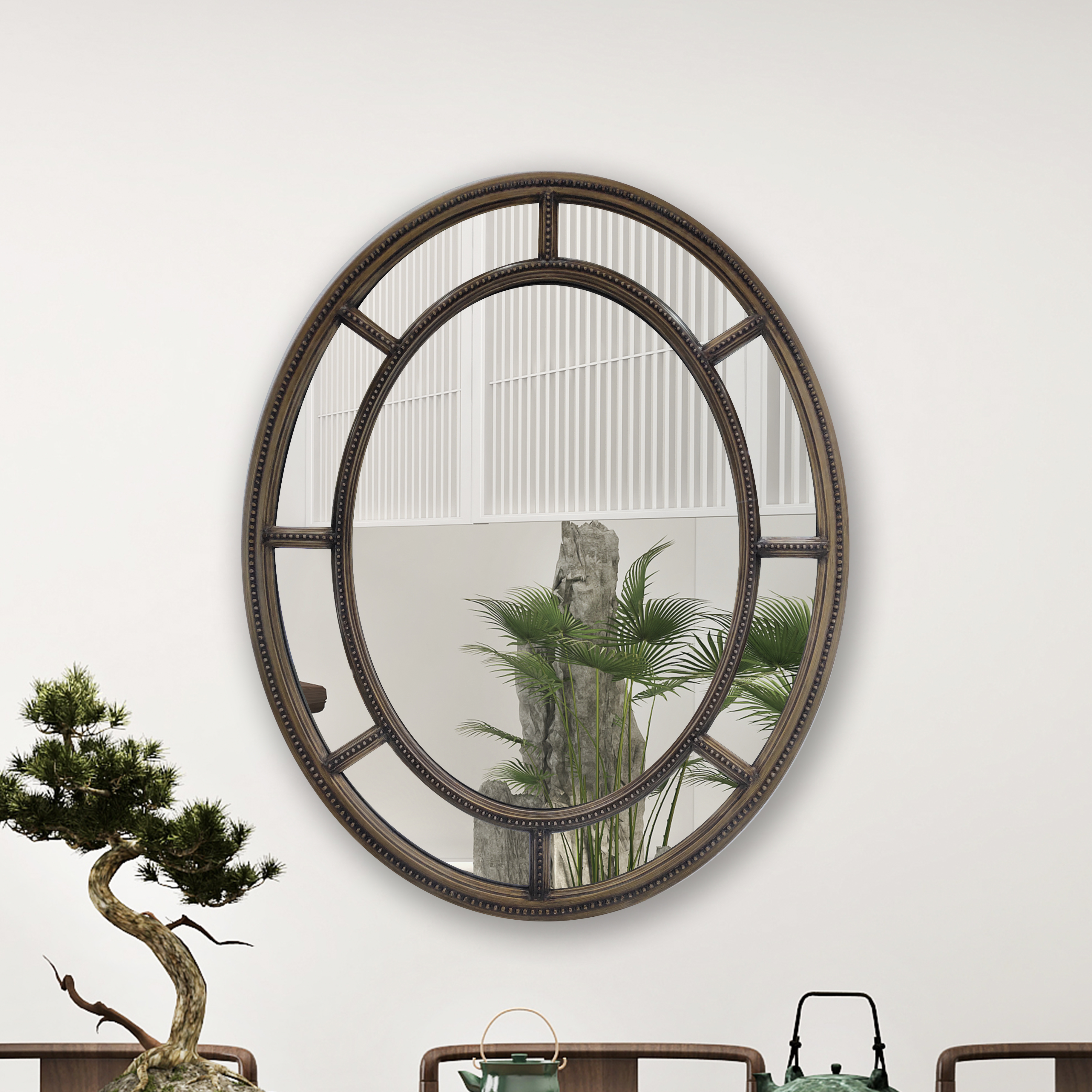 oval mirror with shelf